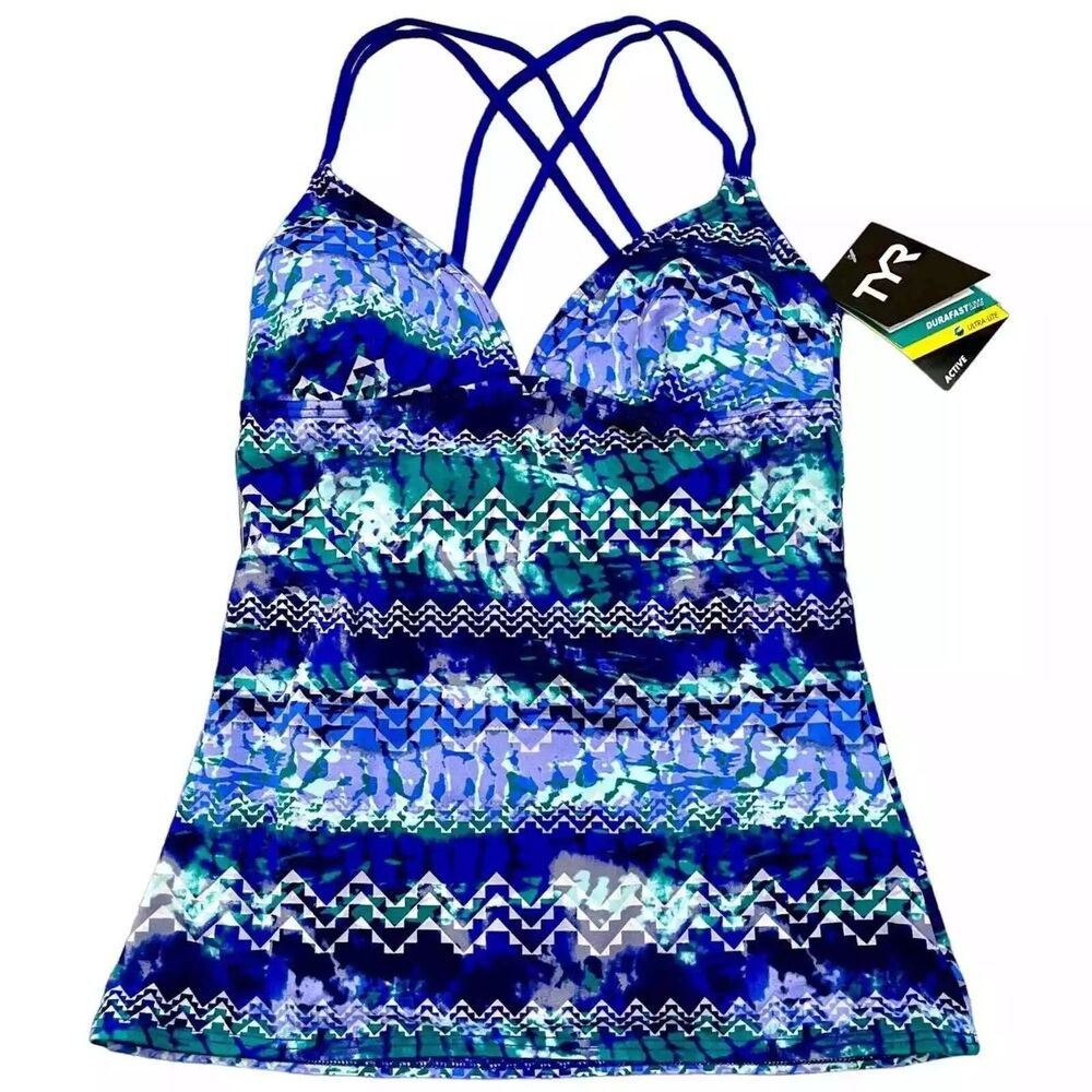 TYR Sport DuraFast Emerald Lake Cascade Cross Tankini Top Blue/Green Large 10/12